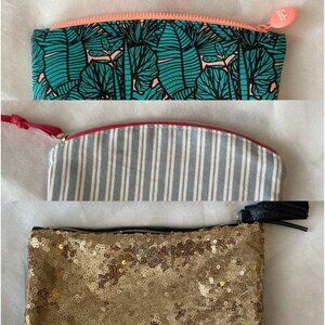 Ipsy Makeup Bag Bundle Lot Tropical Green Leaf Print White Striped Gold Sequin
